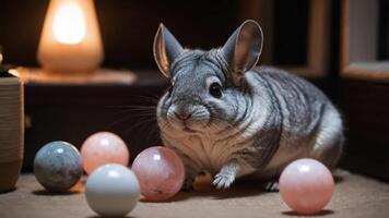 Chinchilla with Colorful Spheres in Cozy, Softly Lit Indoor Setting photo