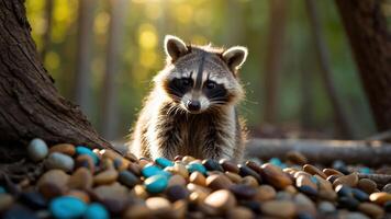 Raccoon Sitting on Colorful Rocks in Forest with Sunlight Streaming Through photo