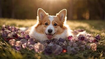 Happy Dog Resting in Grass Surrounded by Sparkling Decorative Gems photo