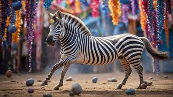 Zebra Running in Festive Setting with Colorful Decorations photo