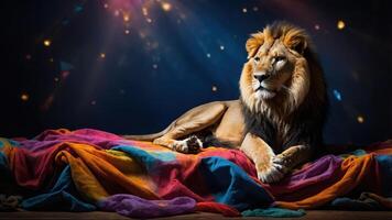 Lion Resting on Colorful Blanket Against Dark Mystical Sparkly Background photo