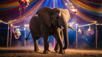Elephant Walking in Tent with Colorful Decorations and Soft Lighting photo