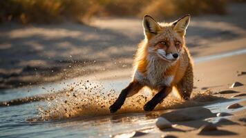 Fox Running on Sandy Beach Near Water Splashing Sand Around It photo