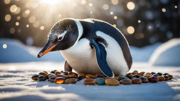 Penguin Standing on Pebbles in Snowy Setting with Bokeh Background photo