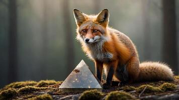 Red Fox Observing a Reflective Pyramid in a Foggy Forest photo