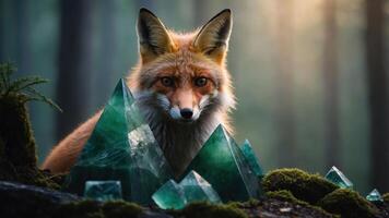 Fox in Forest with Crystals Curious Look Amongst Mossy Ground photo