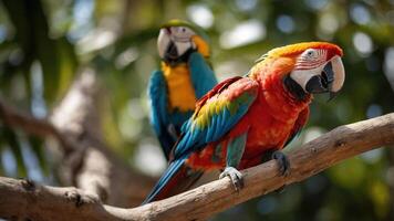 Colorful Parrots Perching on Branch in Tropical Setting photo