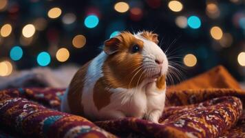 Guinea Pig Sitting on Patterned Blanket with Bokeh Light Background photo