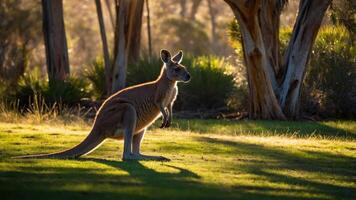 Kangaroo Standing on Green Grass Field with Trees in Background photo