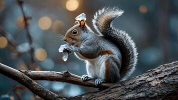 Squirrel Eating on Branch with Bokeh Background in Nature Setting photo