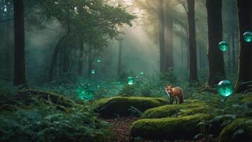 Fox Standing in a Mystical Forest with Glowing Orbs Around photo