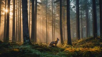 Fox Standing in Forest with Sunlight Streaming Through the Trees photo