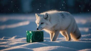 White Fox Sniffing a Green Cube in Snowy Landscape photo