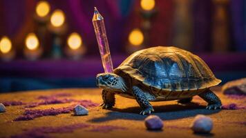 Turtle Walking with Crystal Point on Shell in Magical Ambiance photo