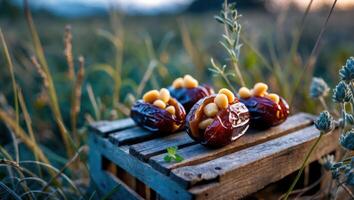 Stuffed Dates with Nuts on Rustic Wood in Natural Setting photo