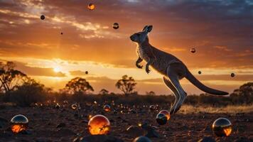 Kangaroo Jumping at Sunset with Floating Spheres in Australian Outback photo