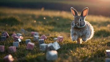 Running Rabbit in Grass with Colorful Blocks During Golden Hour photo