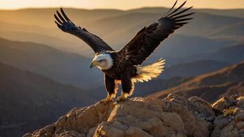 Eagle Perched on Mountain Peak Preparing to Fly in Golden Light photo