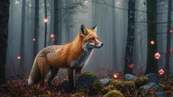 Fox Standing Alertly in a Foggy Forest with Red Lights photo
