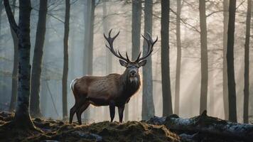 Majestic Stag Standing Tall in a Misty Forest with Sunlight photo