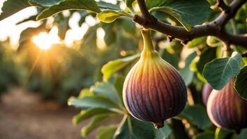 Fig Growing on Tree Branch with Sunlight Bursting Through Leaves photo