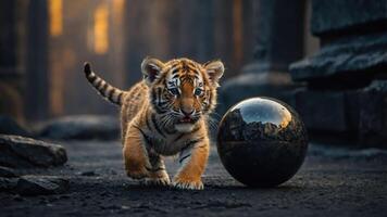 Tiger Cub Walking on Ground Near Sphere in Outdoor Setting photo