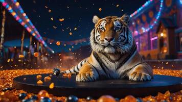 Resting Tiger with Festive Lighting and Colorful Decoration photo