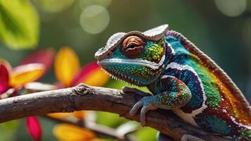 Colorful Chameleon Resting on Branch Blends with Lush Greenery Backdrop photo