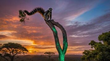 Lemur Observing the Sunset From a Tree in Madagascar photo