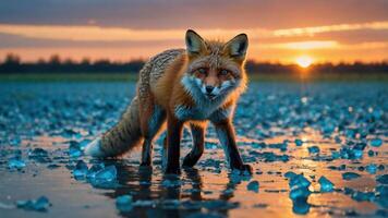 Fox Walking Across Icy Field at Sunset with Dramatic Sky photo
