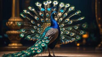 Peacock Displaying Feathers with Intricate Details on Ornate Background photo