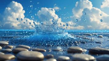 Water Splashing in Ocean with Rocks and Sky for Serene Scene photo