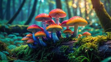 Mushrooms Growing on Mossy Log in Forest with Sunlight Filtering Through photo