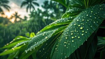 Rain Falling on Green Leaves with Water Droplets in Tropical Setting photo