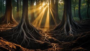 Sunlight Streaming Through Forest Canopy Illuminating Exposed Tree Roots photo