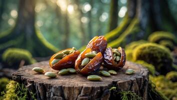 Dried Dates Stuffed with Seeds on Wood in Forest Setting photo