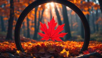 Red Maple Leaf with Sun Rays in Autumn Forest Frame photo