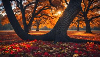 Autumn Landscape with Colorful Leaves and Sunlight Shining Through Trees photo