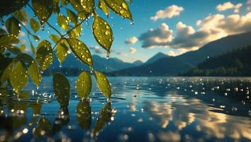 Leaf with Water Droplets on a Serene Lake with Mountain Backdrop photo