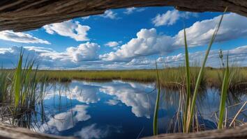 Reflecting Clouds on Still Water at Marsh Viewed Through Wood photo