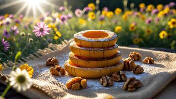Stack of Roasted Squash Rings with Walnuts on a Burlap Cloth photo