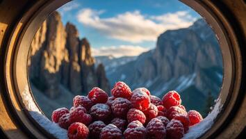 Red Raspberries with Powdered Sugar in Snowy Window Mountain View photo