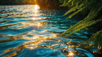 Sparkling Water Ripples with Fern Fronds and Golden Sun Glimmers photo