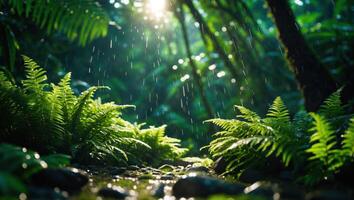 Ferns in Lush Forest with Sunlight Streaming Through Rain Drops photo