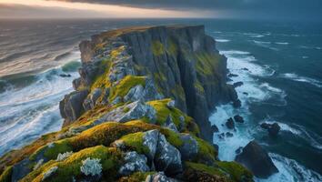 Cliffside View with Mossy Rocks and Ocean Waves Under Cloudy Sky photo