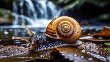 Snail Crawling on Leaf Near Waterfall Stream in Nature Setting photo