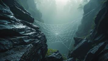 Spiderweb Covered in Dew Drops Strung Between Rocks in Forest photo