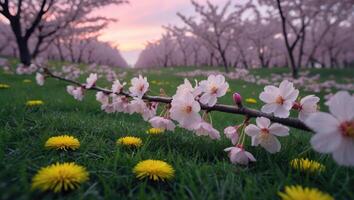 Blossoming Cherry Branch with Dandelions in Green Field at Dusk photo