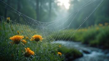 Spiderweb with Dewdrops Over Flowers in a Forest Stream Setting photo