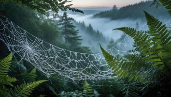 Dew Covered Spiderweb in Forest with Misty Background and Ferns photo